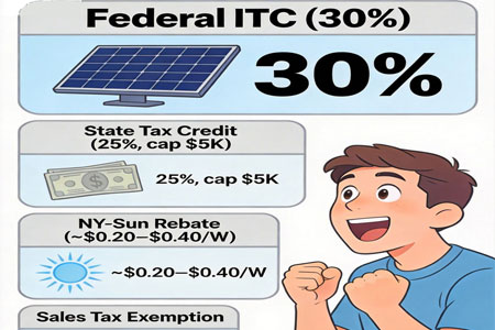 Incitations solaires de New York 2026 – Crédits d'impôt, remises, règles de propriété et de facturation nette