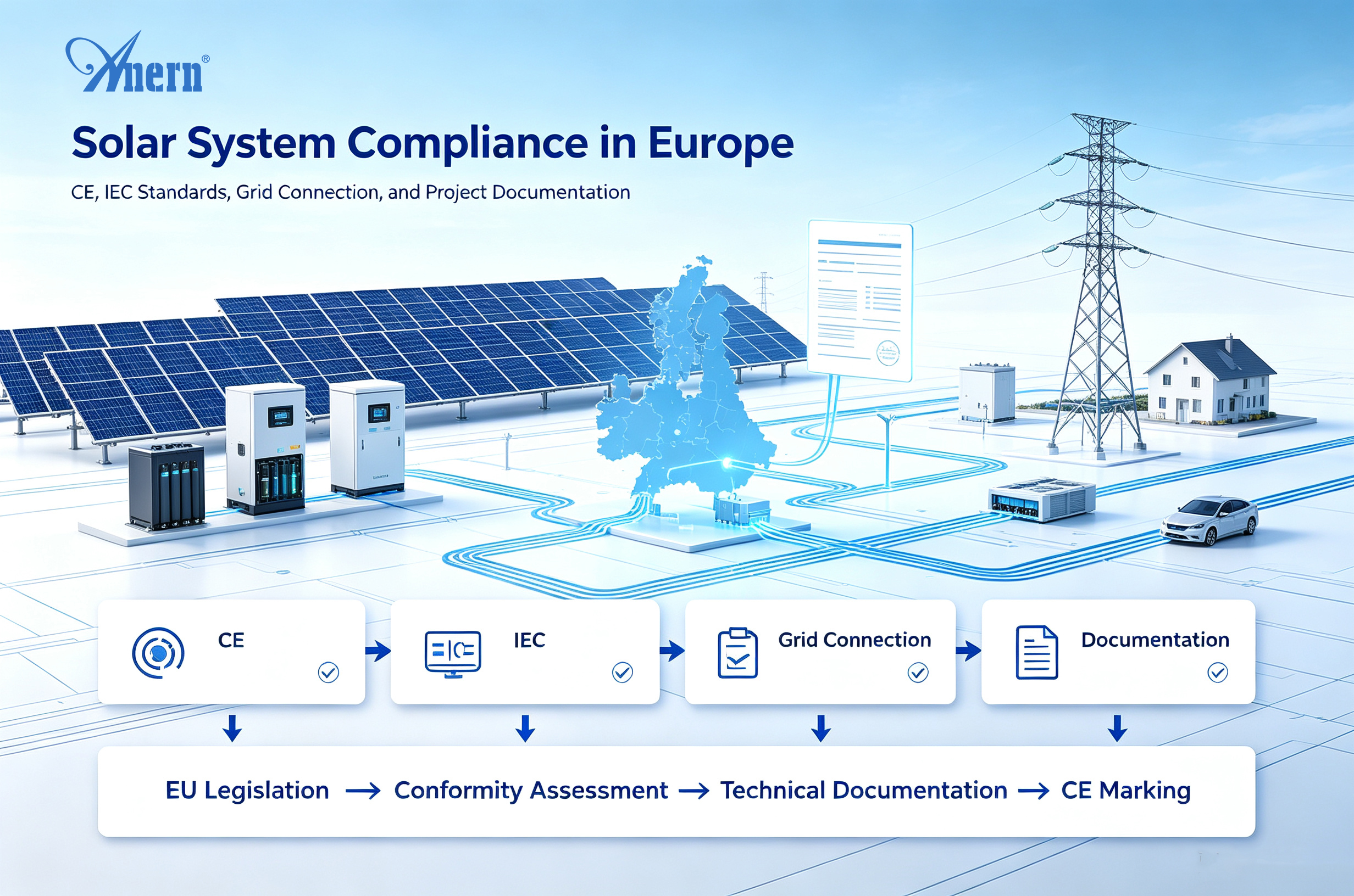 Conformité du système solaire en Europe : normes CE, IEC, raccordement au réseau et documentation de projet